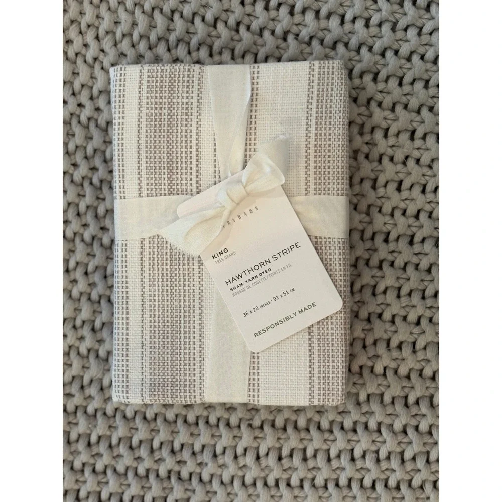Pottery Barn Hawthorn Stripe King Sham Yarn Dyed Cream Tan Neutral 36x20 New